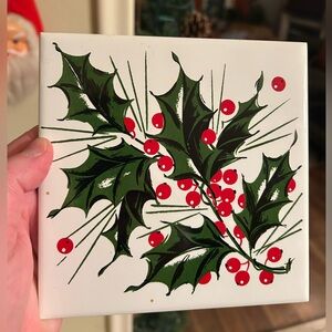 Vintage Holt Howard Holiday Holly Ceramic Tile - Green and Red